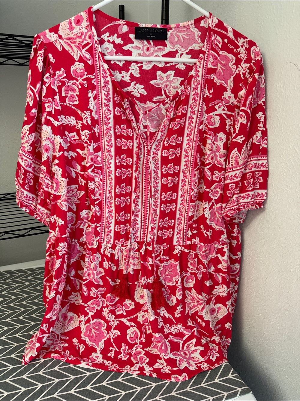 Lane Bryant Red and White Floral Tie-Front Peasant Blouse